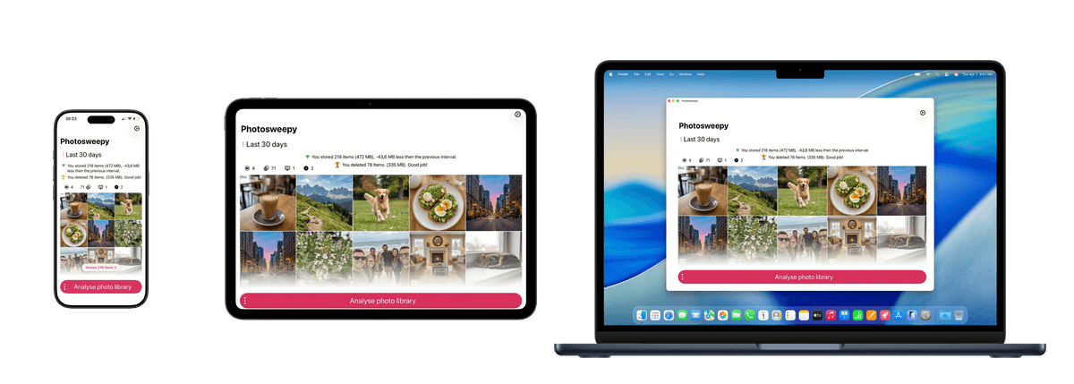 Photosweepy app showing three key screens