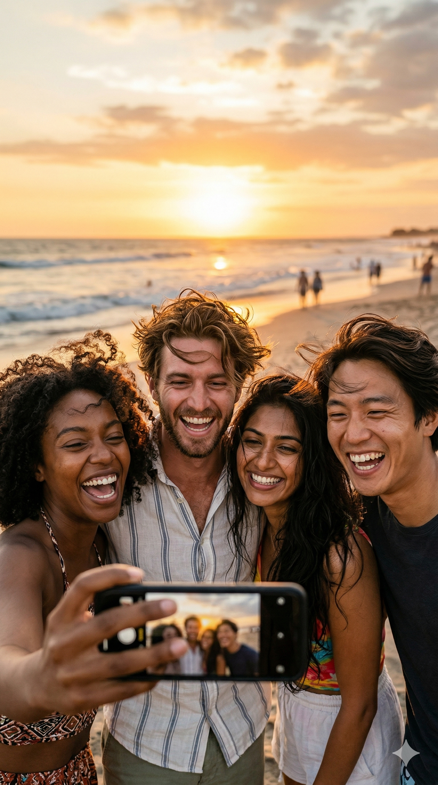 Friends taking a selfie at sunset on the beach