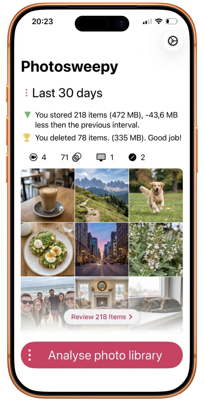 Photosweepy home screen showing library overview and Analyse button