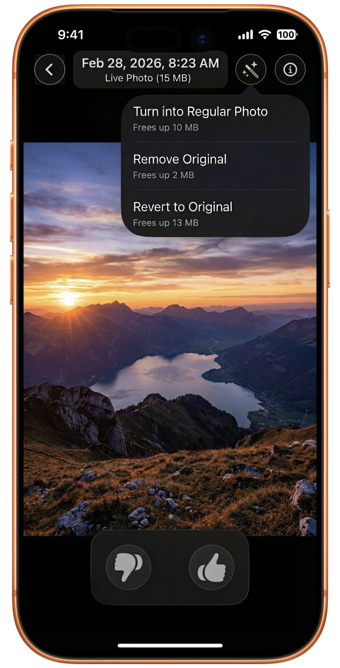 Photosweepy per-photo tools menu showing Turn into Regular Photo and Remove Original