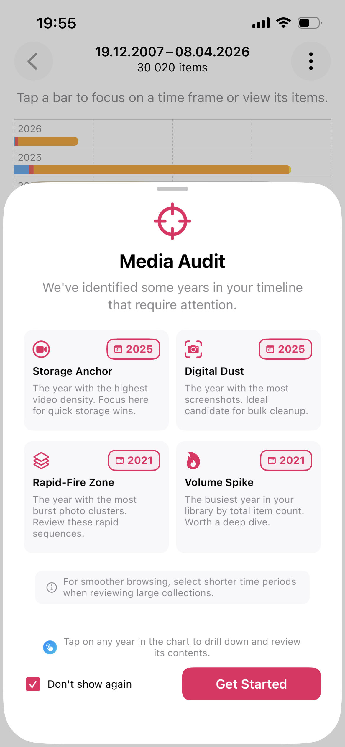 Photosweepy Media Audit screen with Storage Anchor, Digital Dust, Rapid-Fire Zone, Volume Spike cards